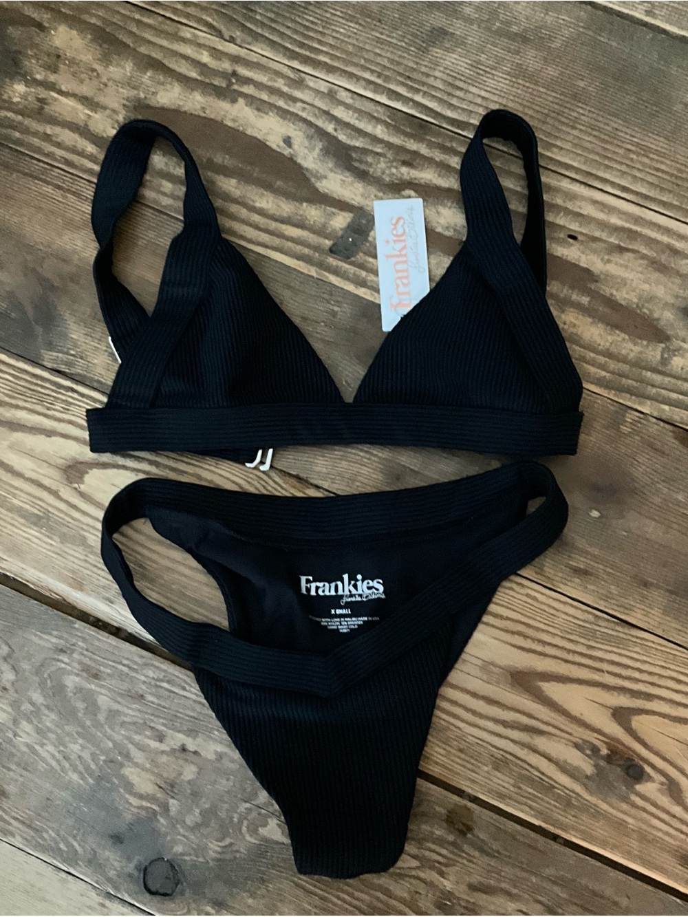 Frankie's Bikinis Set! Black Ribbed Triangle Top & High-Cut Bottom
